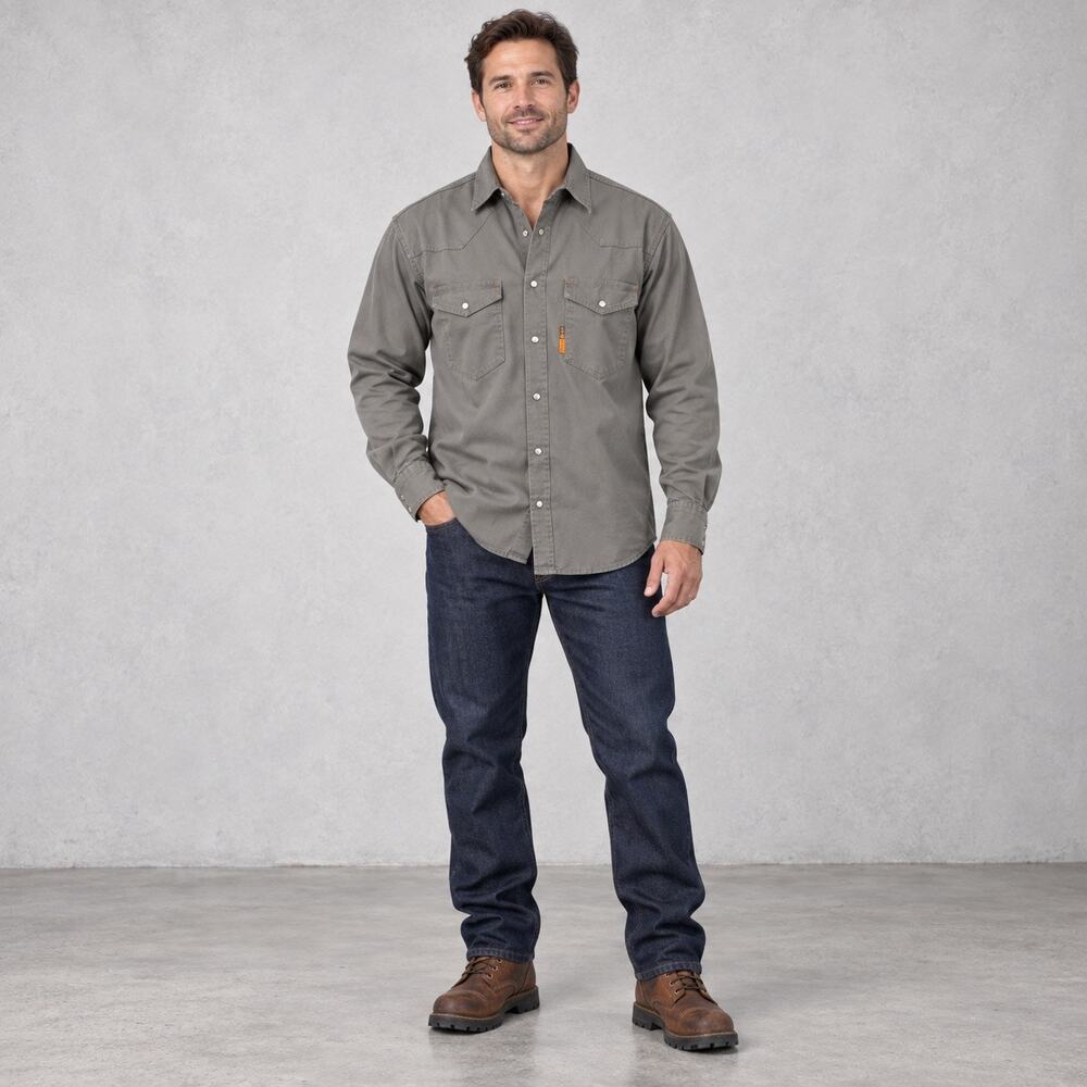 Rasco FR Work Shirt Mens Medium Gray CAT 2 Flame Resistant Pearl Snap Western